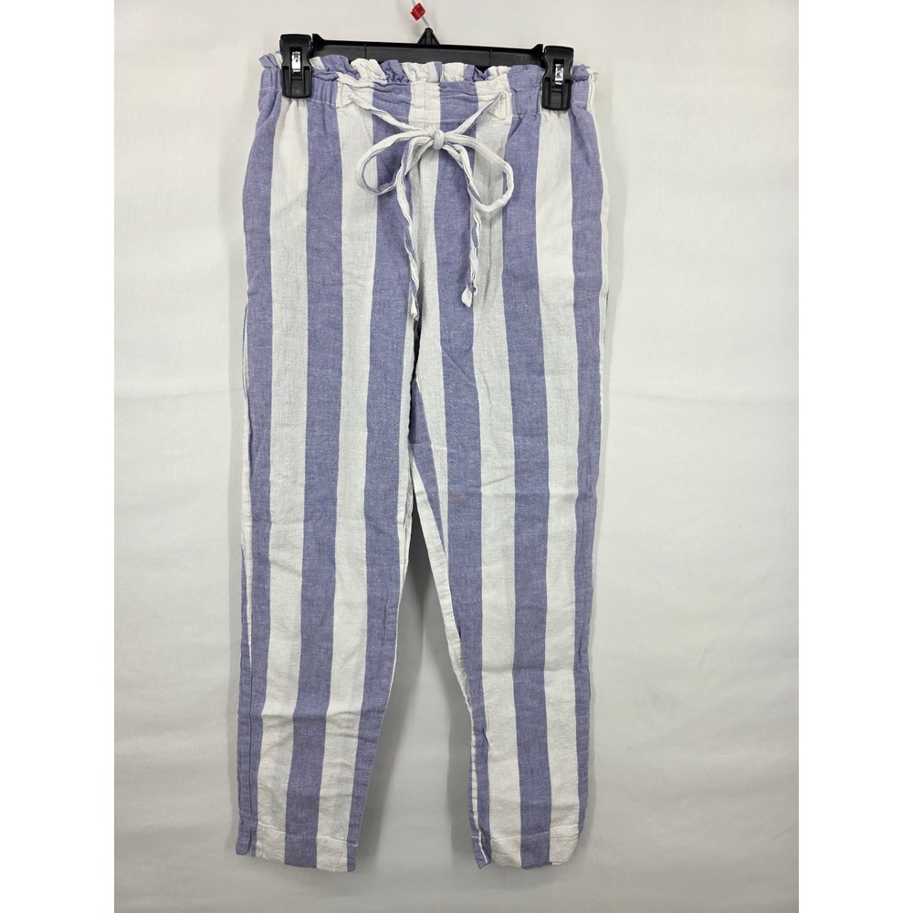 Beachlunchlounge Striped Paperbag Waist Linen Blend Pants Blue White XS